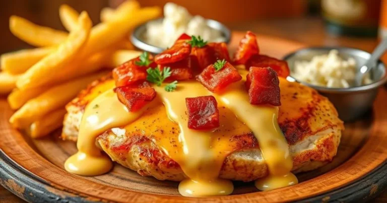 "Grilled Alice Springs Chicken topped with melted cheddar cheese and honey mustard sauce, served with crispy fries and coleslaw."