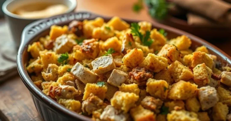 "Delicious cornbread dressing with chicken, served in a rustic baking dish with golden-brown crumbles and tender chicken pieces."