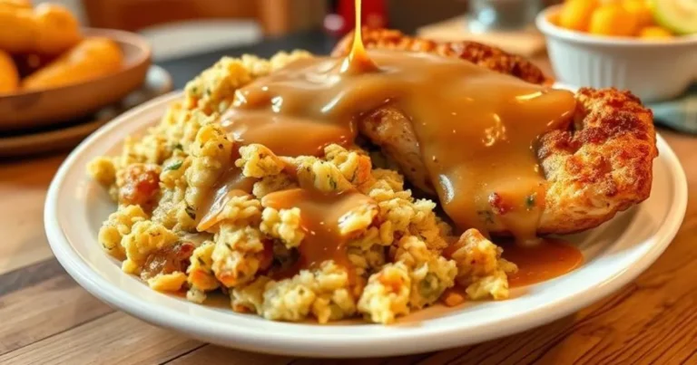 Plate of chicken and dressing with gravy, a classic comfort food dish