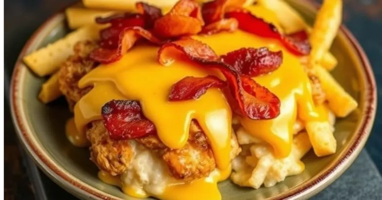 "Alice Springs Chicken with crispy bacon, melted cheese, sautéed mushrooms, and honey mustard sauce served on a plate."