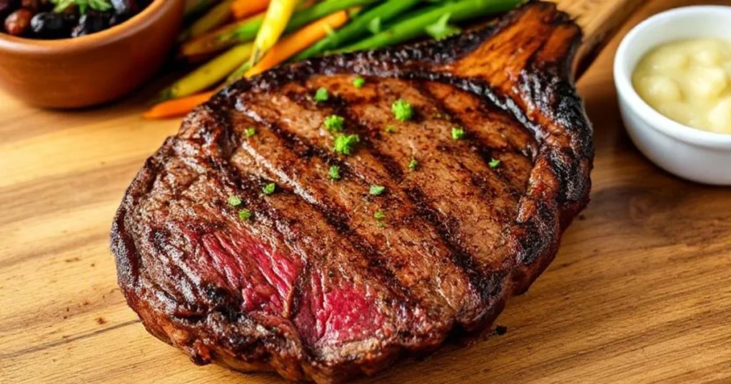 Juicy tomahawk ribeye steak with a long bone, grilled and served with fresh herbs and garlic butter