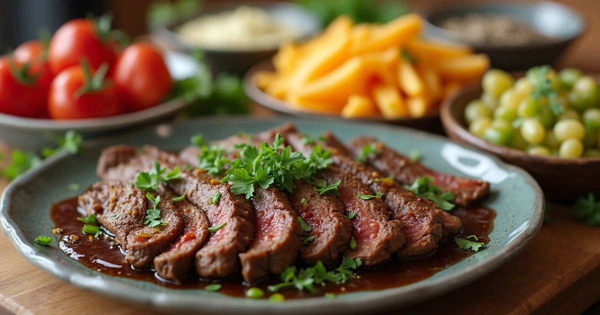 Pan-seared sizzle steak with herbs and garlic on a skillet