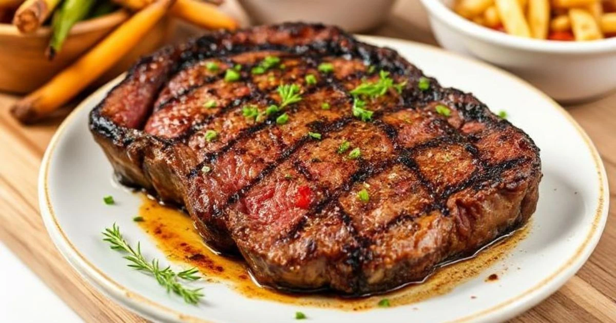 A juicy, grilled Denver cut steak sliced on a cutting board with rosemary and garlic.
