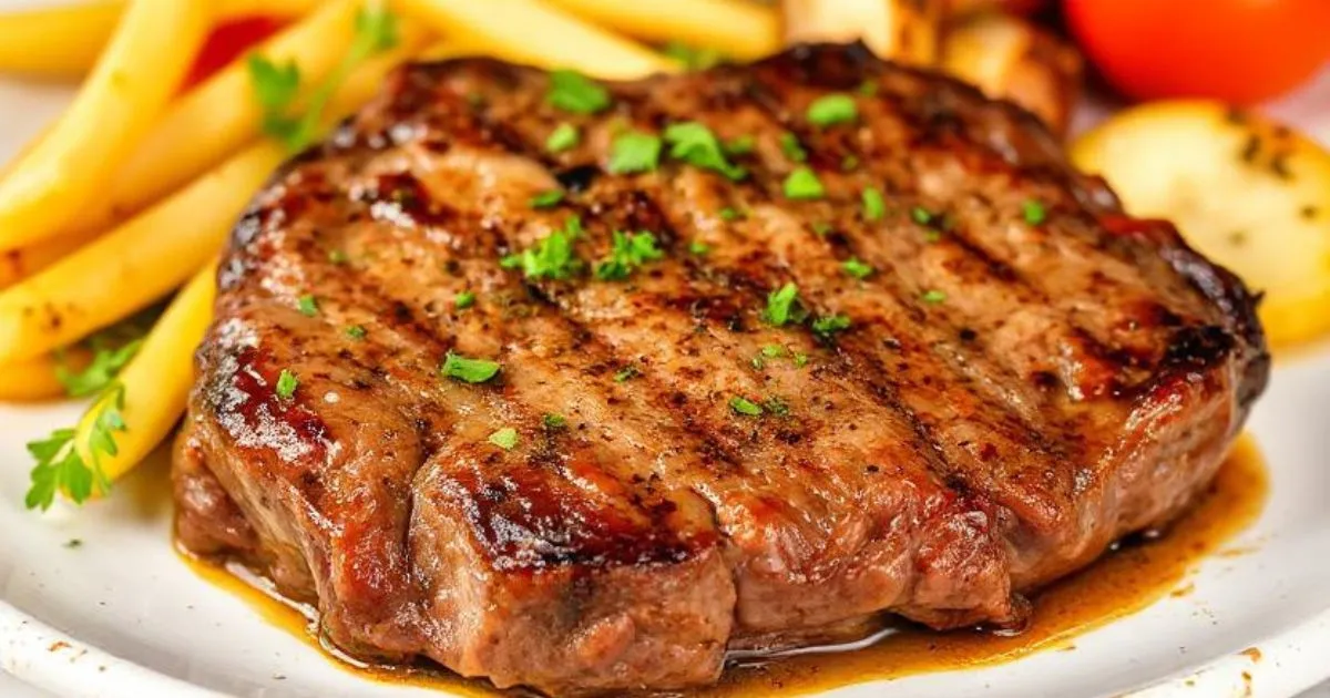 Juicy grilled beef chuck steak served with herbs and roasted vegetables